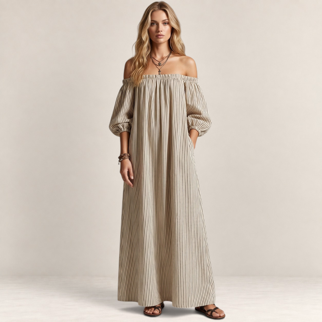 Valvet Oak House off-shoulder striped maxi dress in beige cotton and linen blend worn by a blonde model
