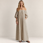Valvet Oak House off-shoulder striped maxi dress in beige cotton and linen blend worn by a blonde model