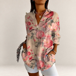 Valvet Oak House lightweight button-down blouse with a romantic pink and grey floral print and front pockets