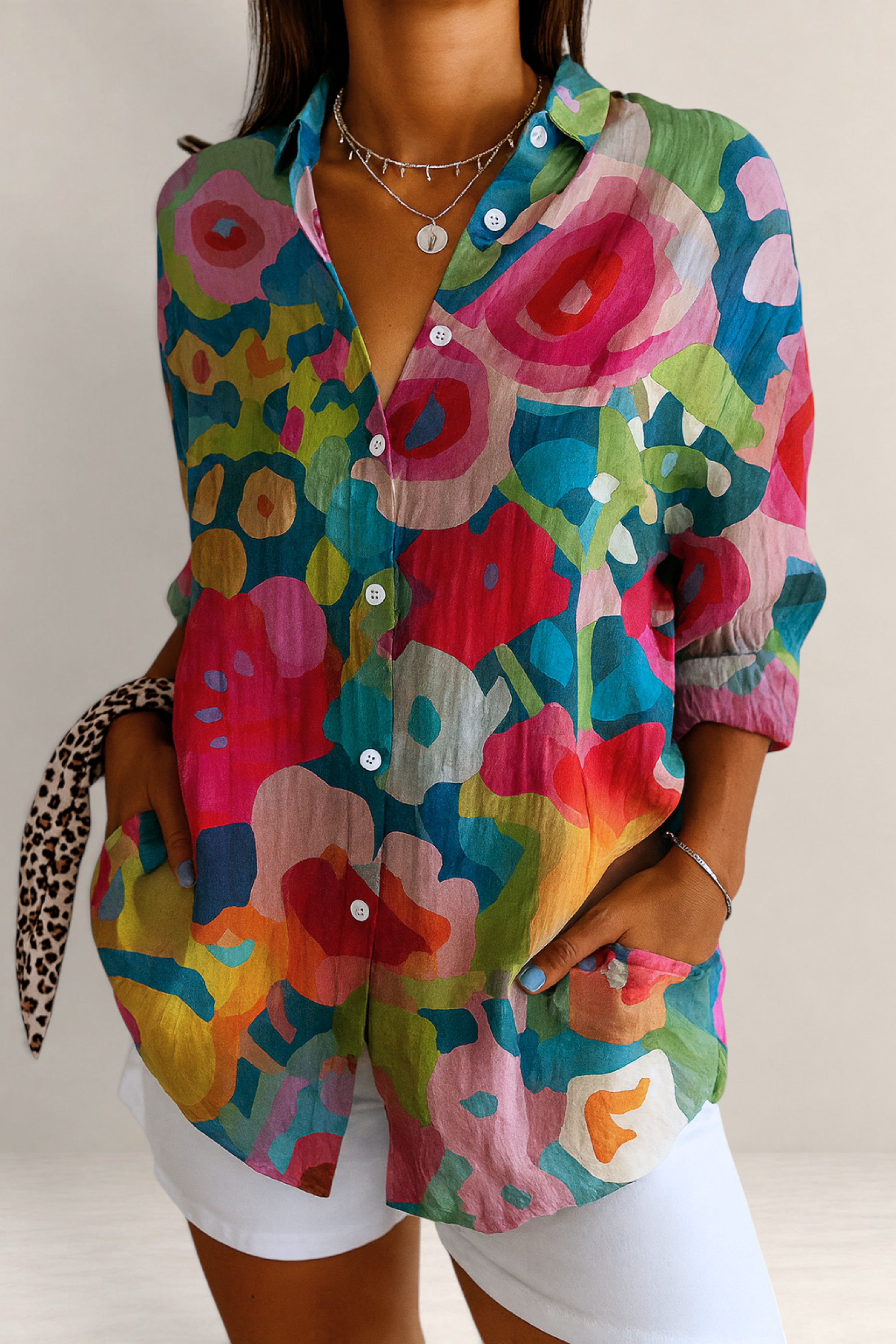 Valvet Oak House Pietra button-down shirt featuring a vibrant multi-colored floral pattern and a relaxed fit.