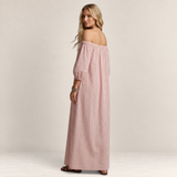 Valvet Oak House off-shoulder striped maxi dress in light pink cotton and linen blend worn by a blonde model