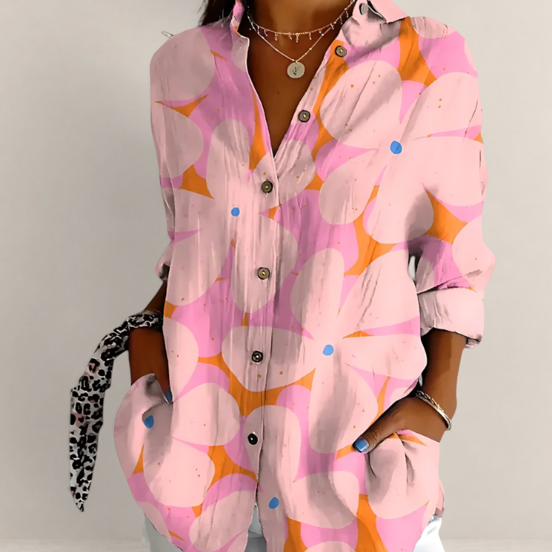 Valvet Oak House floral cotton blouse with V-neck, long sleeves, and button-down front in pink and orange tones.