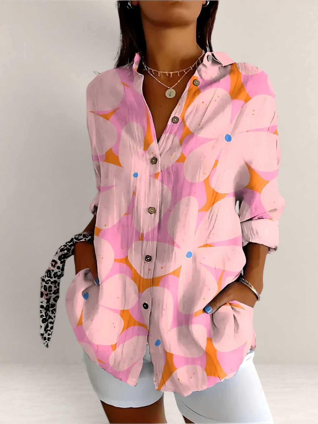 Valvet Oak House floral cotton blouse with V-neck, long sleeves, and button-down front in pink and orange tones.
