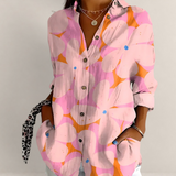 Valvet Oak House floral cotton blouse with V-neck, long sleeves, and button-down front in pink and orange tones.