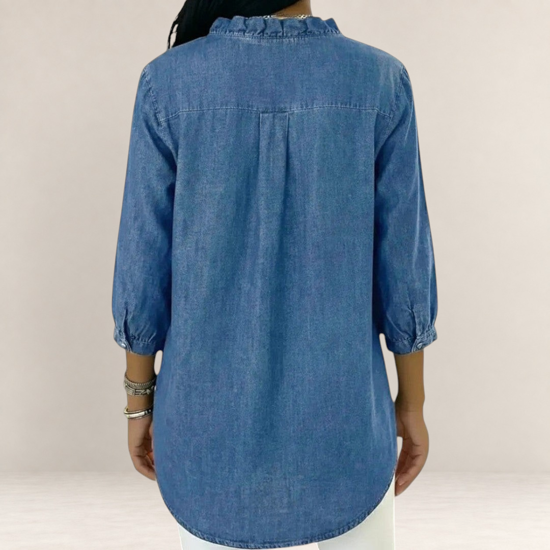 Valvet Oak House Elena denim blouse with ruffled collar and three-quarter sleeves, back view on a model