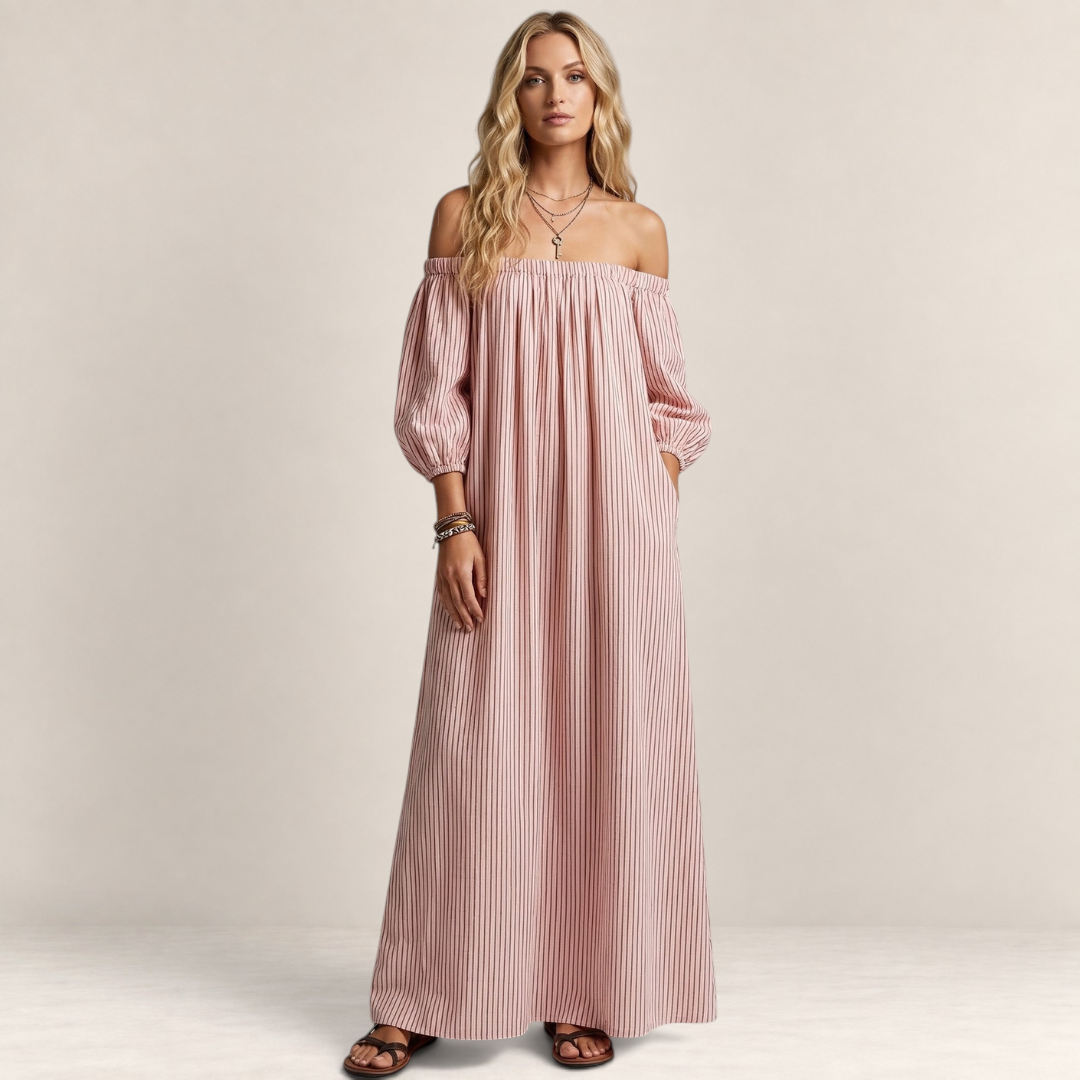 Valvet Oak House pink striped off-shoulder maxi dress in a breathable cotton-linen blend worn by a blonde model