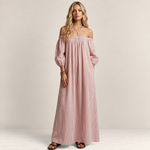 Valvet Oak House pink striped off-shoulder maxi dress in a breathable cotton-linen blend worn by a blonde model