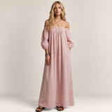 Valvet Oak House pink striped off-shoulder maxi dress in a breathable cotton-linen blend worn by a blonde model