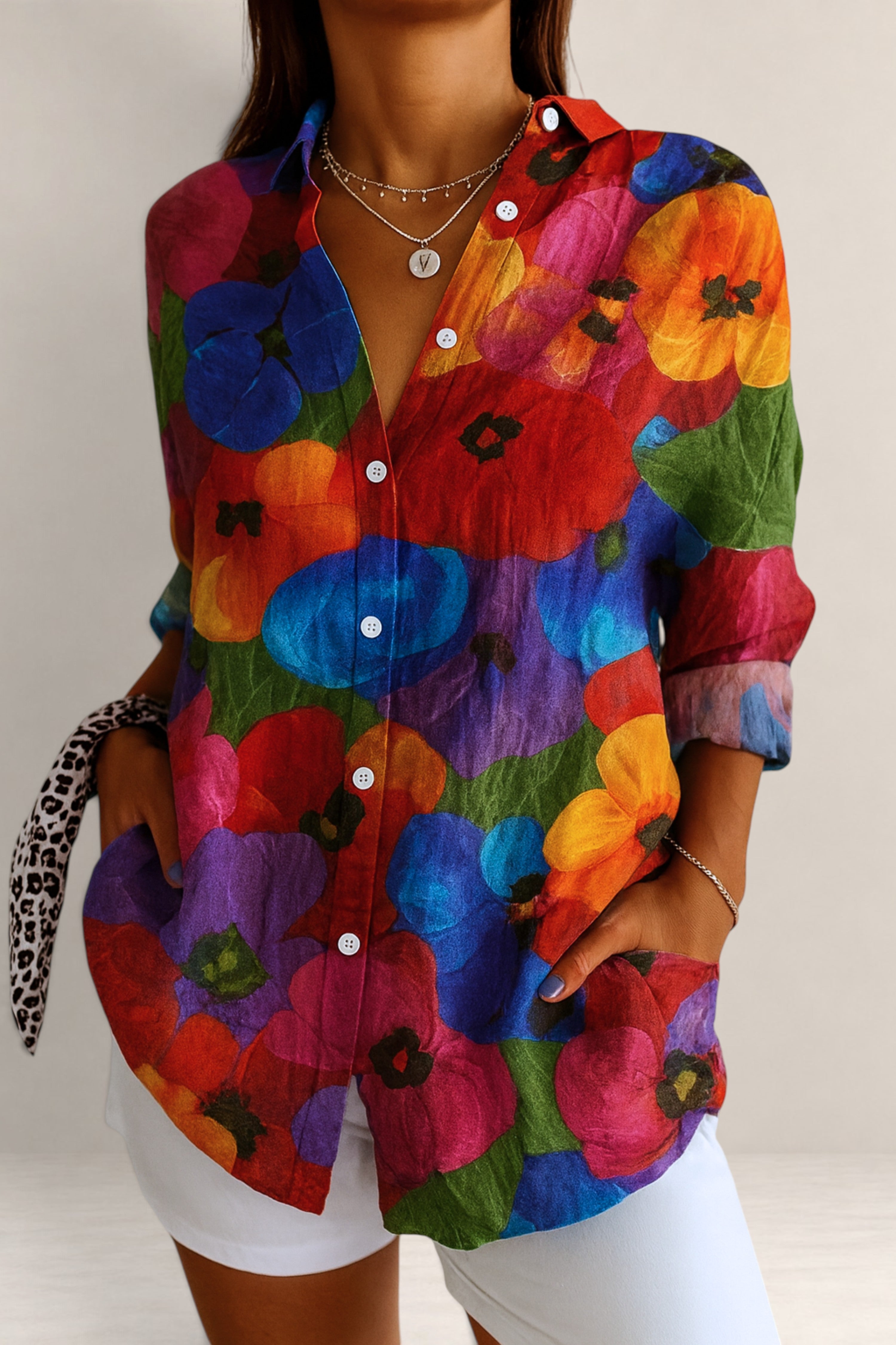 Valvet Oak House Pietra button-down shirt featuring a vibrant multi-colored floral pattern and relaxed fit