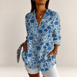 Valvet Oak House button-down shirt in blue with a floral print, featuring a soft, breathable fabric and relaxed fit.