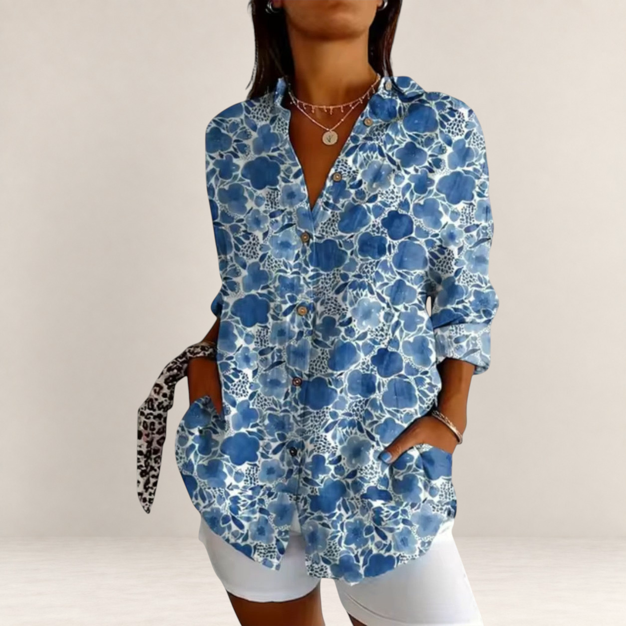 Valvet Oak House button-down shirt in blue with a floral print, featuring a soft, breathable fabric and relaxed fit.