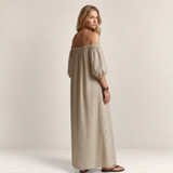 Valvet Oak House off-shoulder striped maxi dress in a breathable cotton-linen blend worn by a blonde model