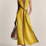 Valvet Oak House yellow linen blend sleeveless maxi dress with brown trim, stand collar, and waist tie.