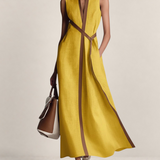 Valvet Oak House yellow linen blend sleeveless maxi dress with brown trim, stand collar, and waist tie.