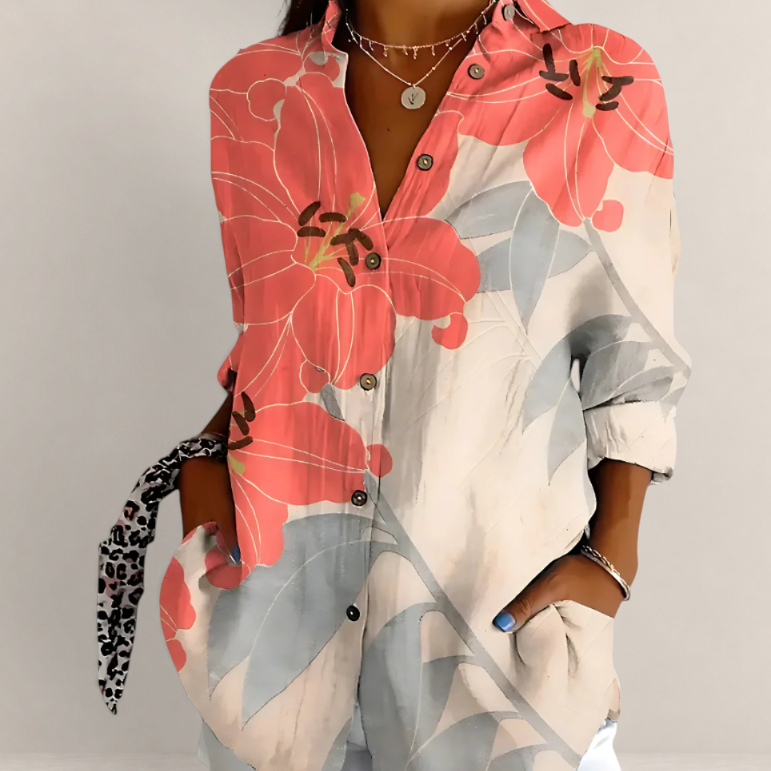 Valvet Oak House floral cotton blouse with V-neck, long sleeves, and button-down front in cream, pink, and grey.