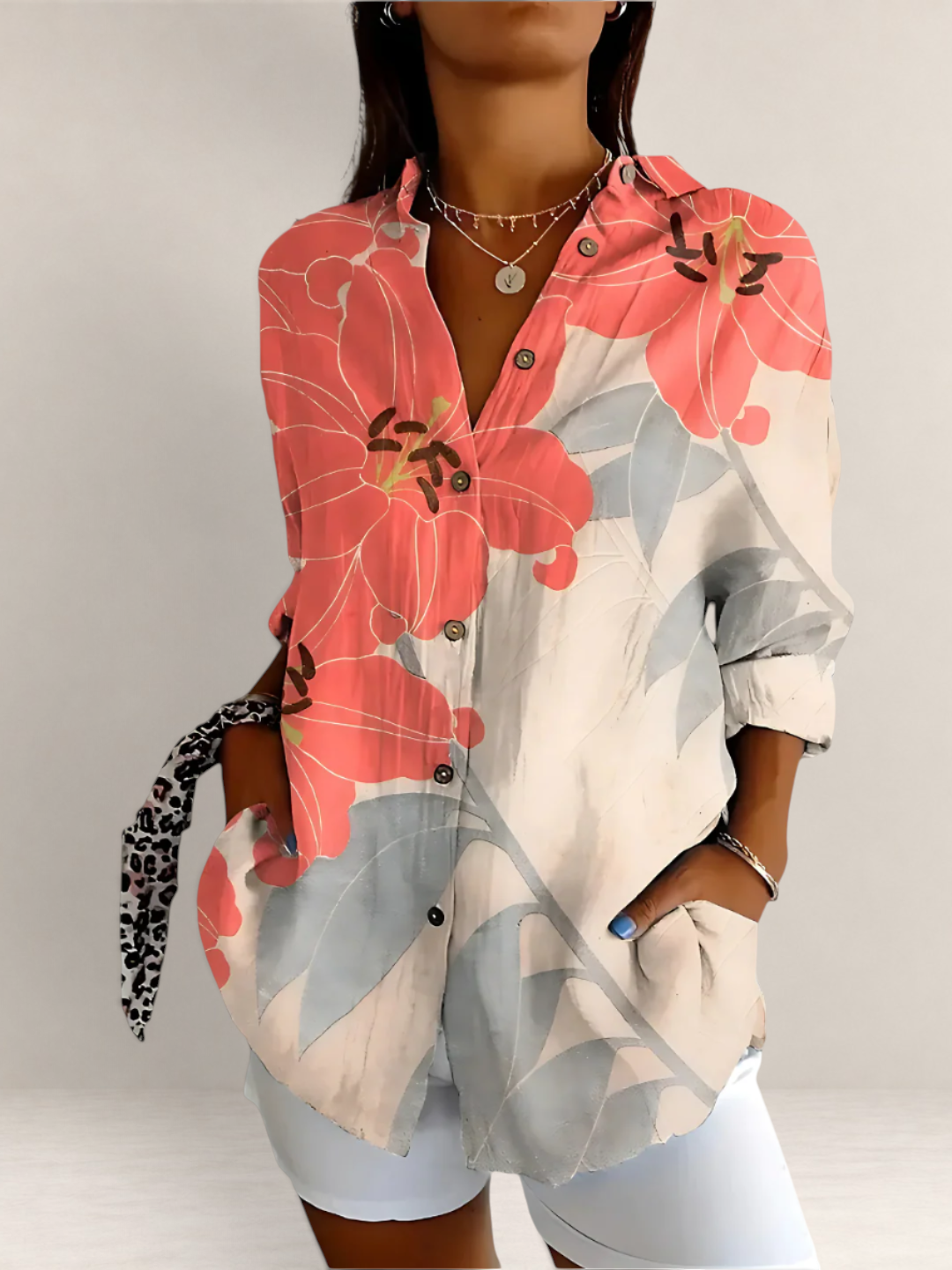 Valvet Oak House floral cotton blouse with V-neck, long sleeves, and button-down front in cream, pink, and grey.