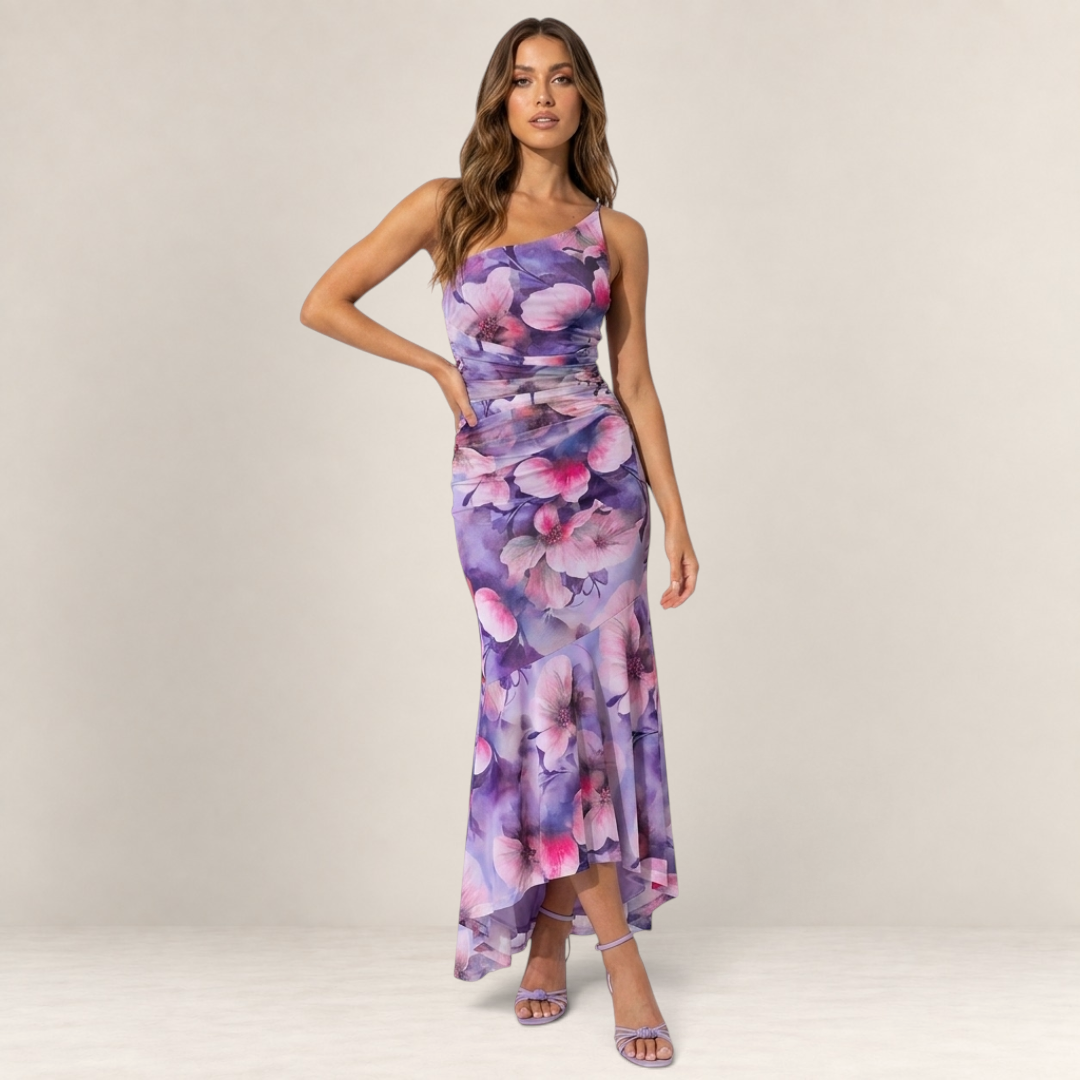 Valvet Oak House Melina floral midi dress with one-shoulder pleated detail and asymmetrical hem on a model