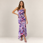 Valvet Oak House Melina floral midi dress with one-shoulder pleated detail and asymmetrical hem on a model