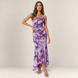 Valvet Oak House Melina floral midi dress with one-shoulder pleated detail and asymmetrical hem on a model