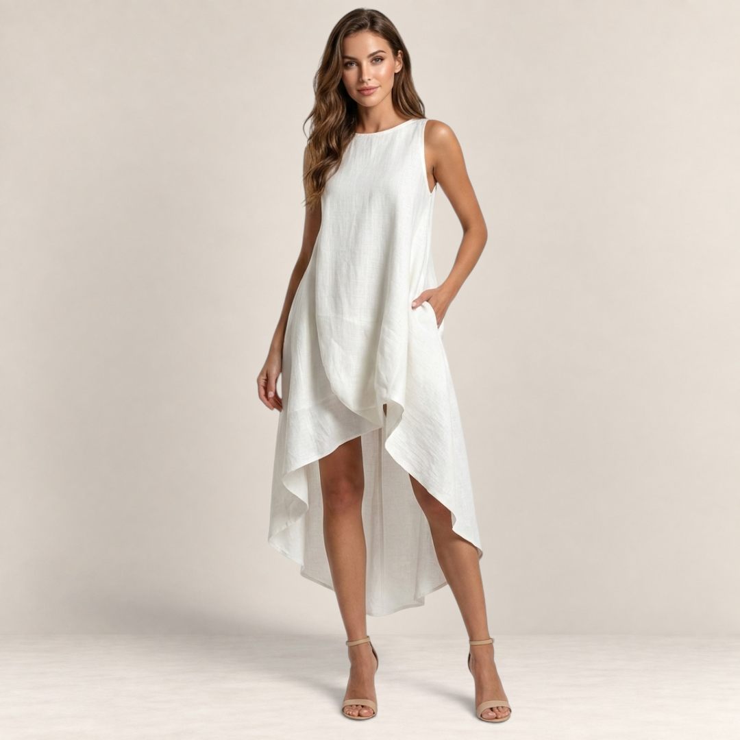 Valvet Oak House Julia white sleeveless linen midi dress with a modern high-low asymmetrical hem on a model