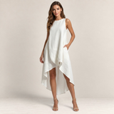 Valvet Oak House Julia white sleeveless linen midi dress with a modern high-low asymmetrical hem on a model