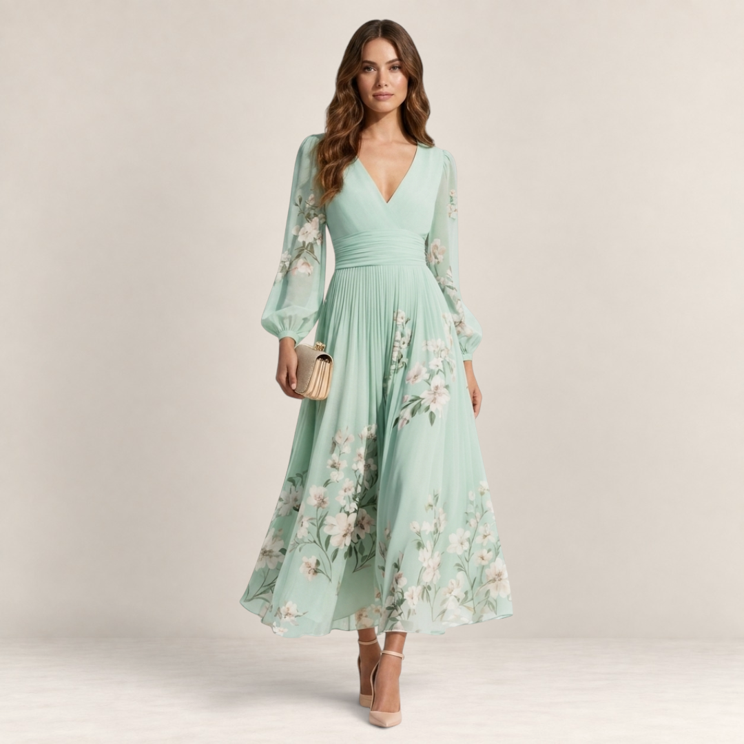 Valvet Oak House Mel midi dress in mint green chiffon with floral print, long sleeves, and pleated skirt detail.