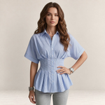 Valvet Oak House Pietra blue and white striped short-sleeve button-down blouse with a cinched waist on a model