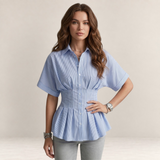 Valvet Oak House Pietra blue and white striped short-sleeve button-down blouse with a cinched waist on a model