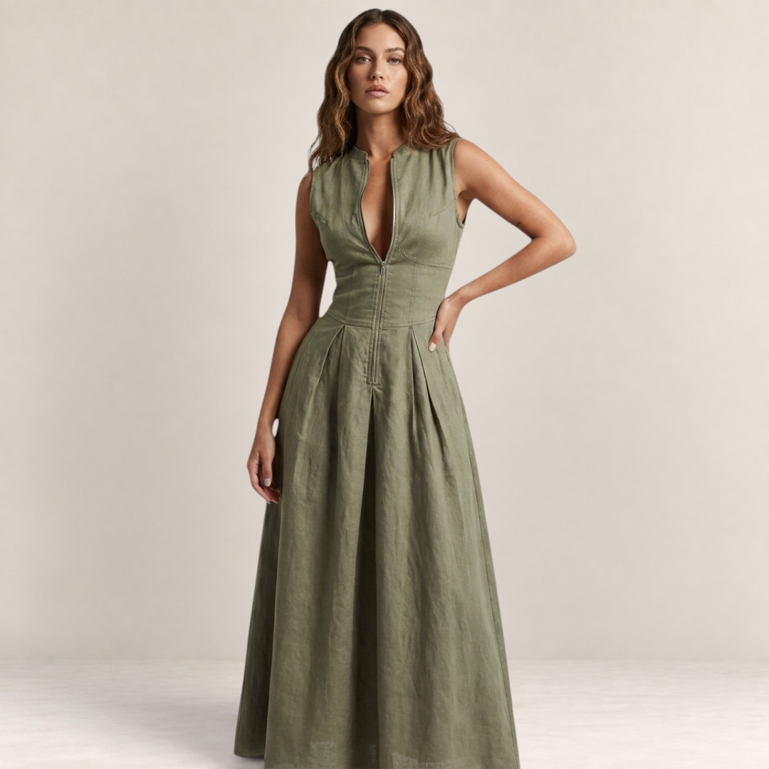 Valvet Oak House Zoe olive green sleeveless midi dress with a front zipper and fitted bodice on a model