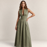 Valvet Oak House Zoe olive green sleeveless midi dress with a front zipper and fitted bodice on a model