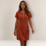 Valvet Oak House rust-colored A-line dress in cotton-linen blend with front zipper, short sleeves, and side pockets.