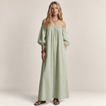 Valvet Oak House off-shoulder maxi dress in light green striped cotton and linen blend worn by a blonde model