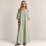 Valvet Oak House off-shoulder maxi dress in light green striped cotton and linen blend worn by a blonde model