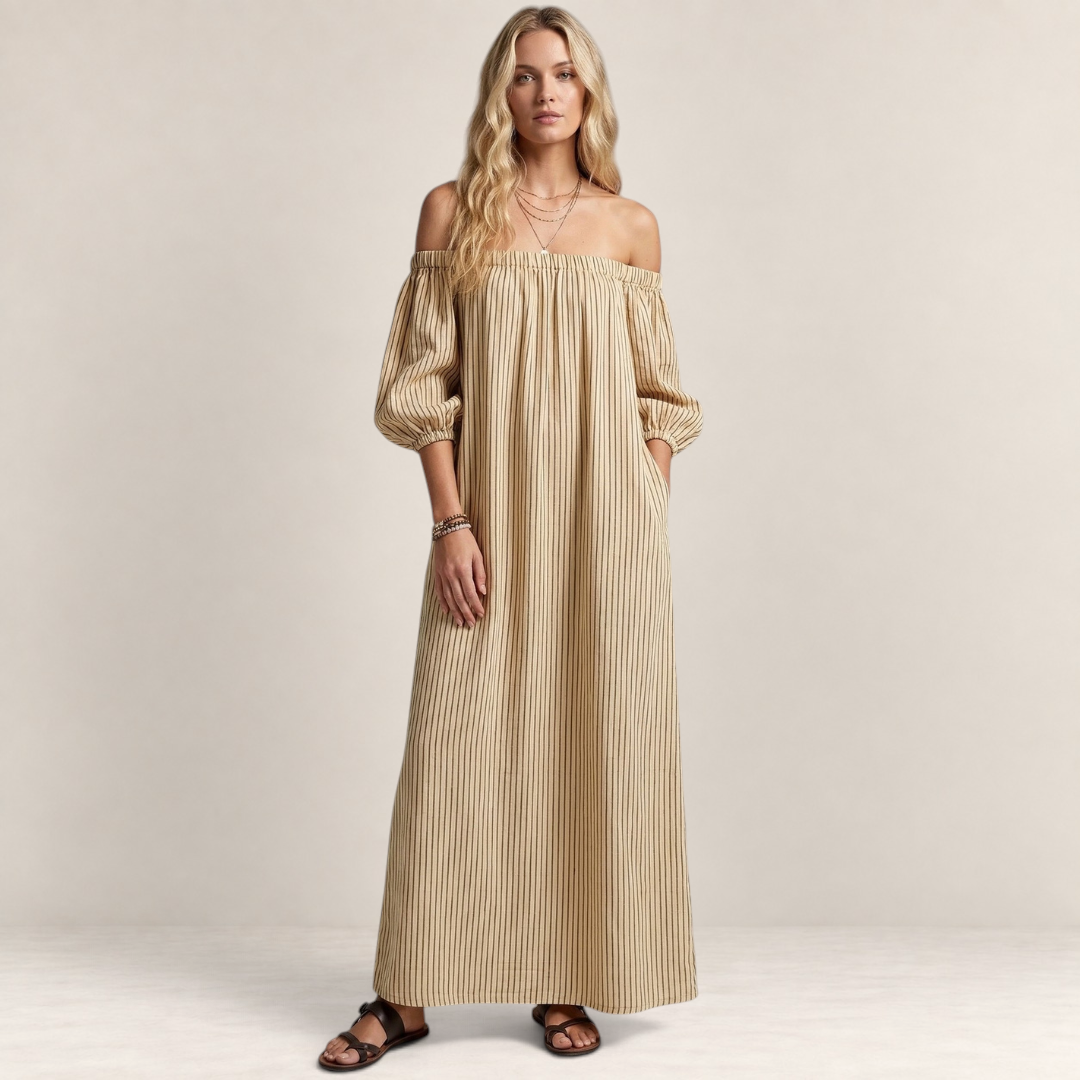 Valvet Oak House beige striped off-shoulder maxi dress in a breathable cotton-linen blend worn by a blonde model