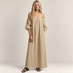 Valvet Oak House beige striped off-shoulder maxi dress in a breathable cotton-linen blend worn by a blonde model
