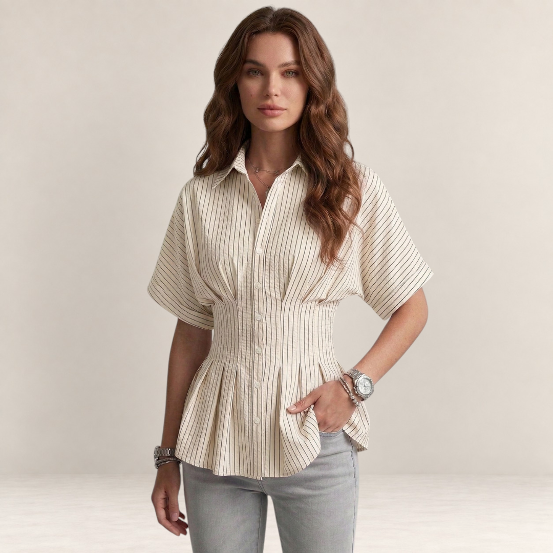 Valvet Oak House Pietra short-sleeve button-down shirt in cream with vertical stripes and a cinched waist design.
