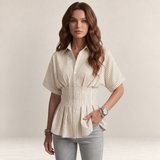Valvet Oak House Pietra short-sleeve button-down shirt in cream with vertical stripes and a cinched waist design.