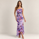 Valvet Oak House Melina floral print maxi dress with one-shoulder pleated detail and asymmetrical hem on a model