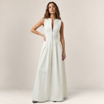 Model wearing a Valvet Oak House white sleeveless maxi dress with a front zipper and fitted waist on white background