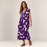 Valvet Oak House Thetis midi dress in purple with white abstract print, V-neckline, and breathable fabric.