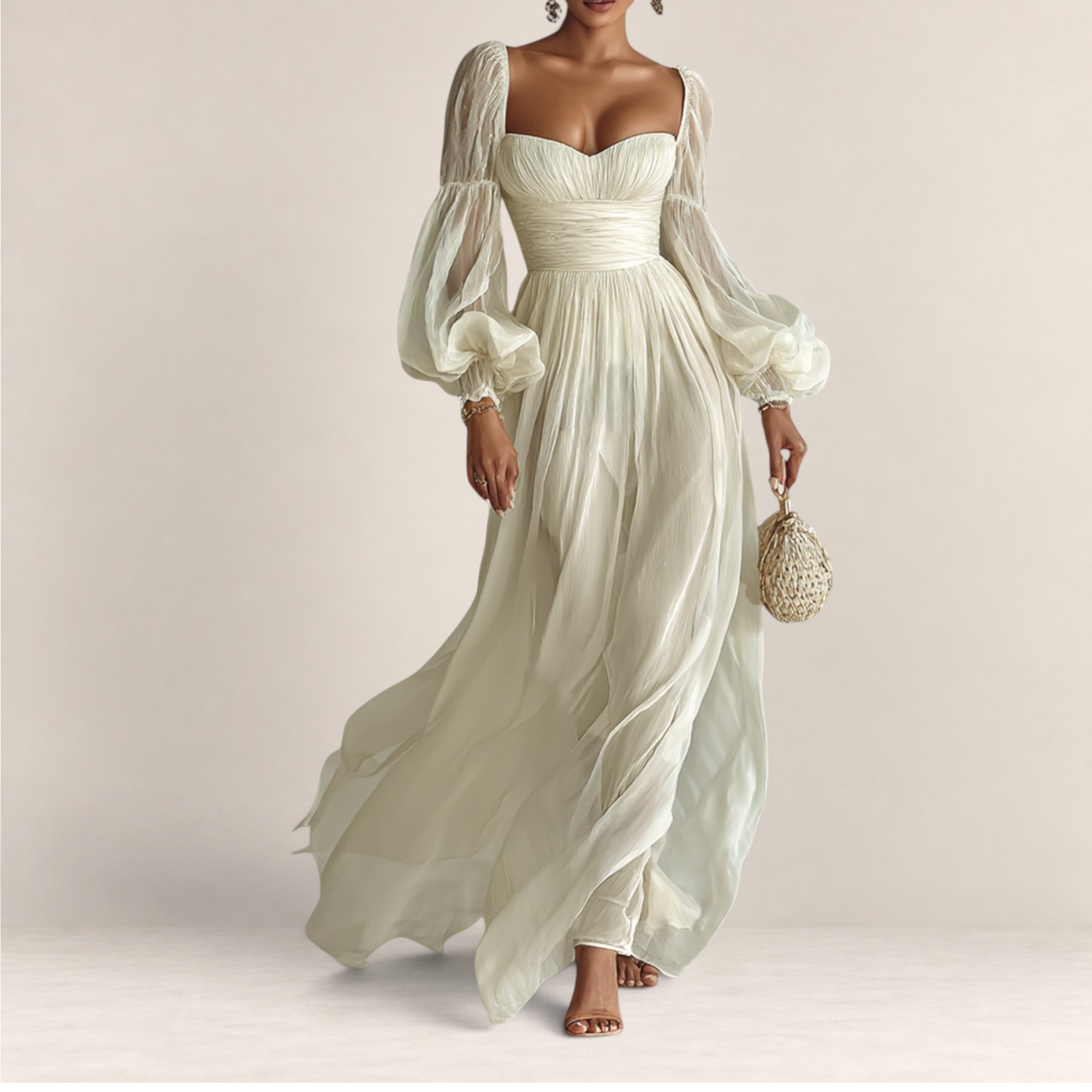 Valvet Oak House romantic cream maxi dress with sheer puff sleeves, sweetheart neckline, and flowing airy silhouette.