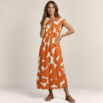 Valvet Oak House Thetis midi dress in burnt orange with white abstract print, V-neckline, and relaxed fit.