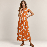 Valvet Oak House Thetis midi dress in burnt orange with white abstract print, V-neckline, and relaxed fit.