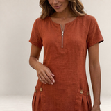 Valvet Oak House rust orange cotton and linen A-line short dress with front zipper and buttoned pockets