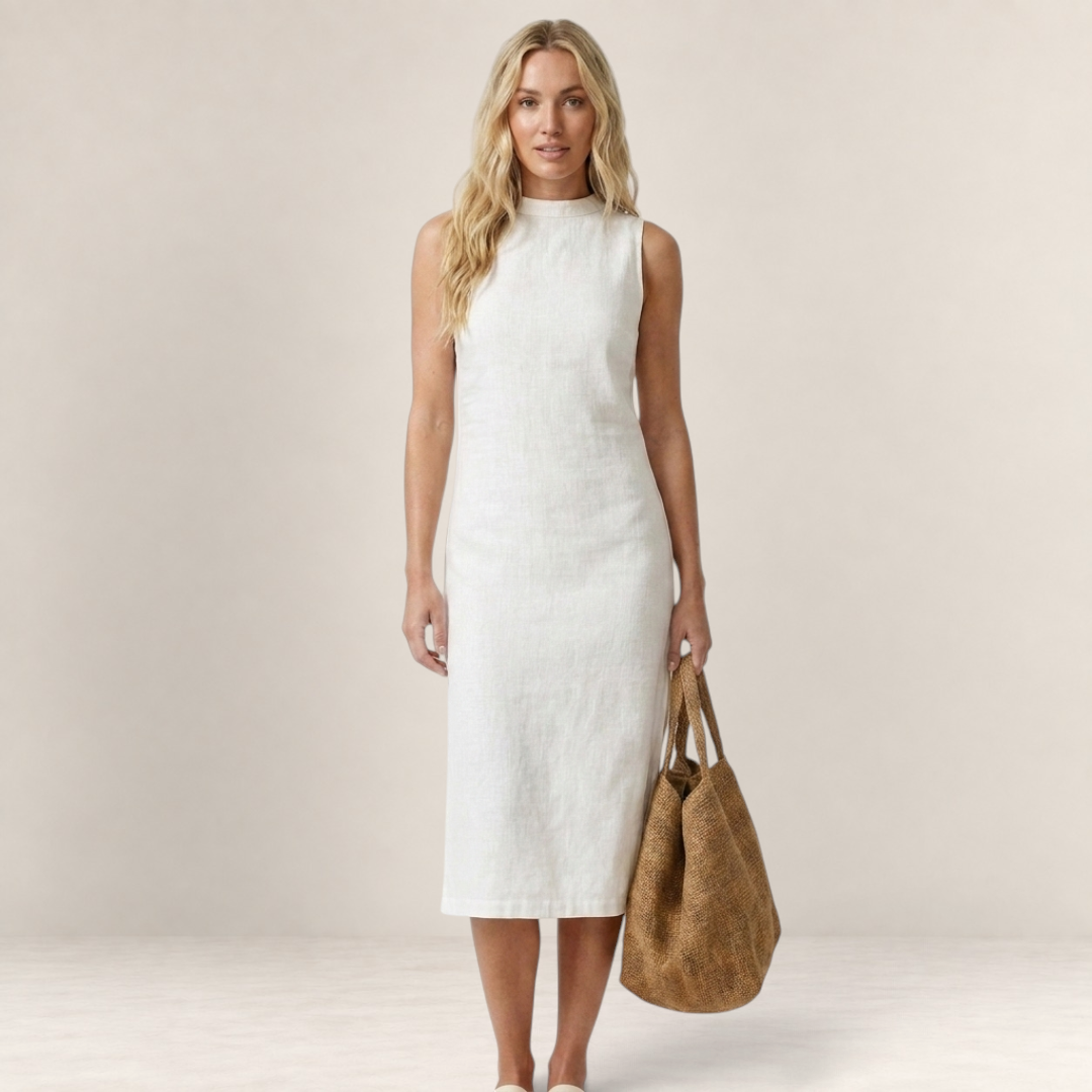 Valvet Oak House Lídia white sleeveless midi dress with a high neckline worn by a blonde model holding a jute bag.