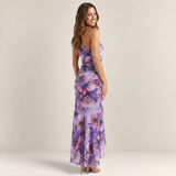 Valvet Oak House Melina one-shoulder maxi dress in purple floral print with pleated details and asymmetrical hem