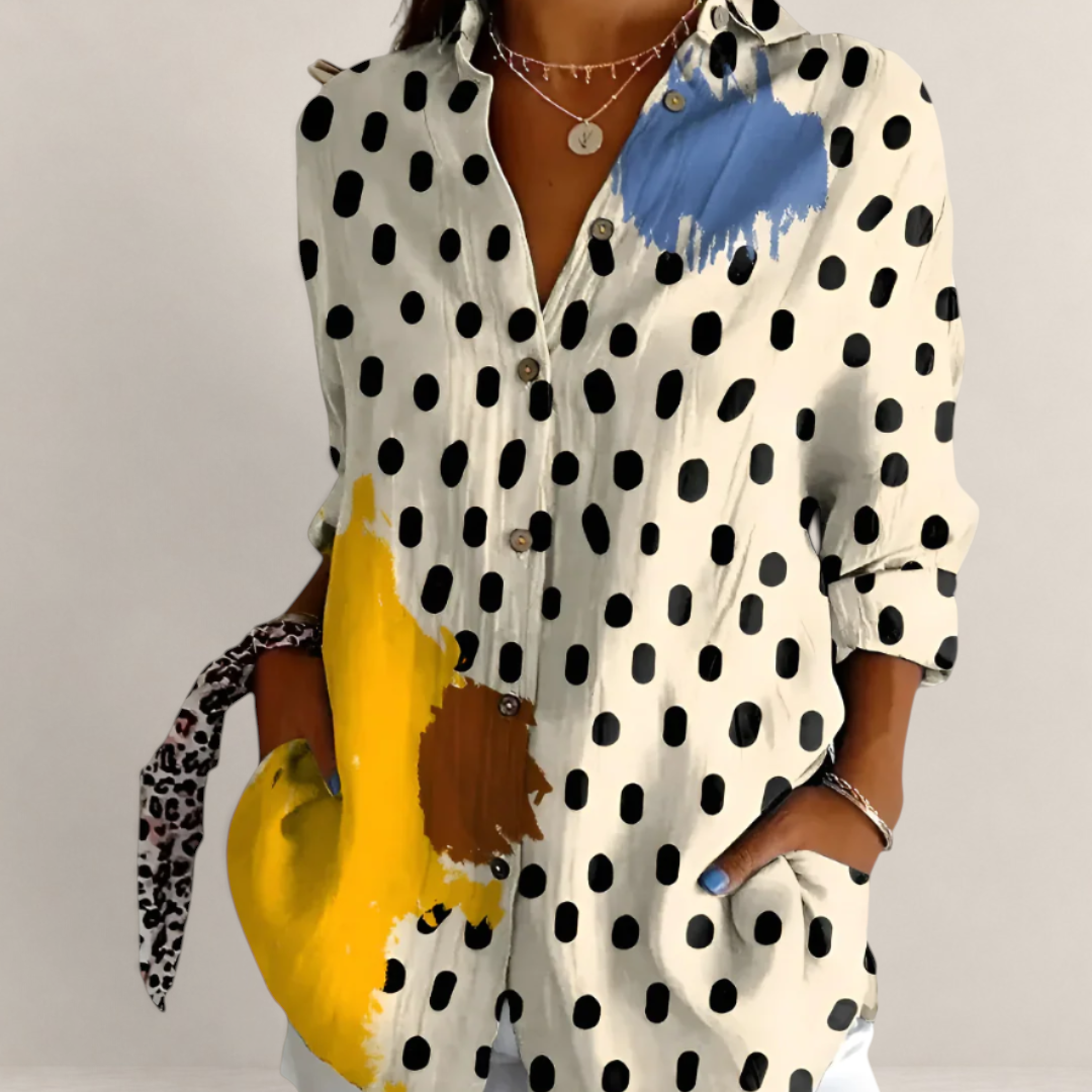 Valvet Oak House button-down blouse with black polka dots and yellow and blue paint splatter accents