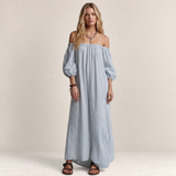 Valvet Oak House off-shoulder maxi dress in blue and white striped cotton-linen blend on a blonde model