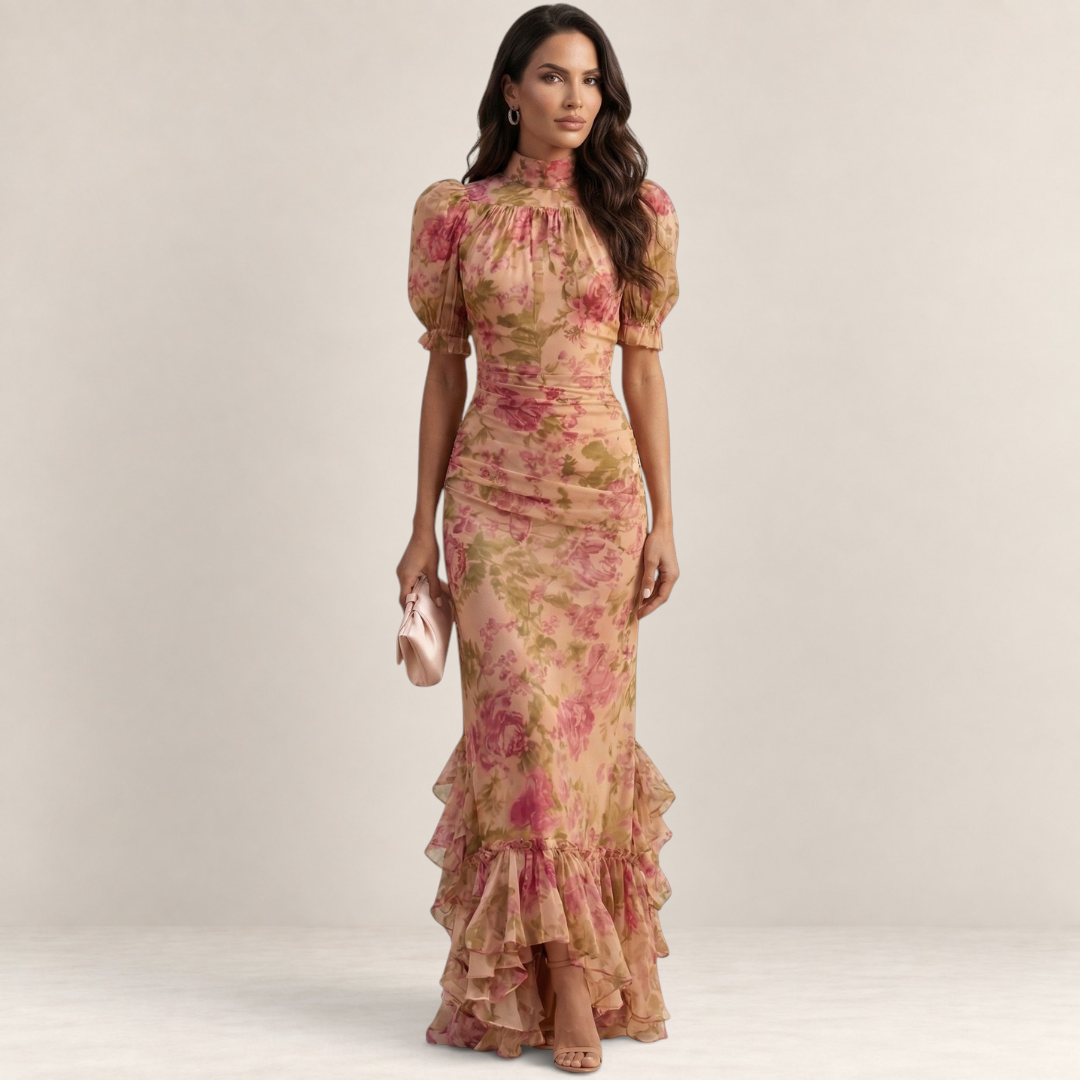 Valvet Oak House Edna Rozario floral chiffon maxi dress with high neck, puff sleeves, and ruffled hem in pink tones.