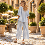 Federica — Stylový lněný top s modrými pruhy a volné kalhoty